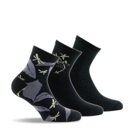 Lot de 3 paires de socquettes fantaisies en coton libellules, arabesque et unie coloris noir