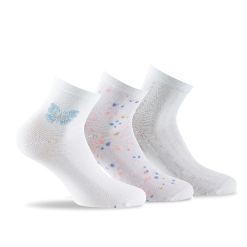 Lot de 3 paires de socquettes en coton papillons, confettis et unie coloris blanc.